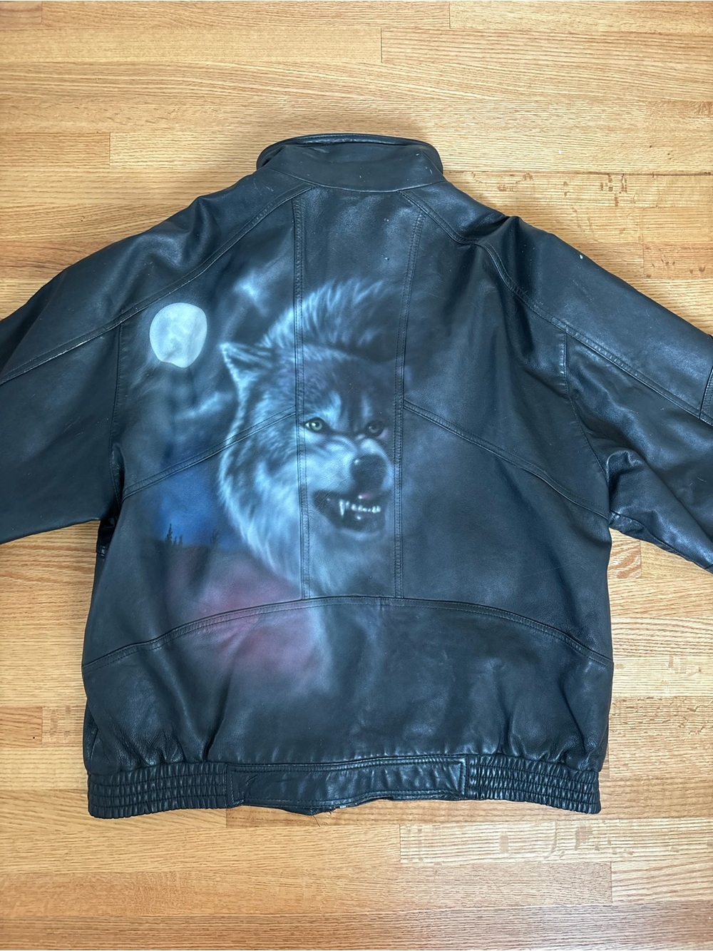 Vintage Black Leather Jacket - Wolf Full Moon Design -90s Twilight Werewolf